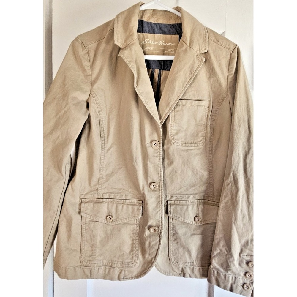 Eddie Bauer LEGENDWASH woman sz 12 ‎ cotton stretch jacket blazer tan NWOT